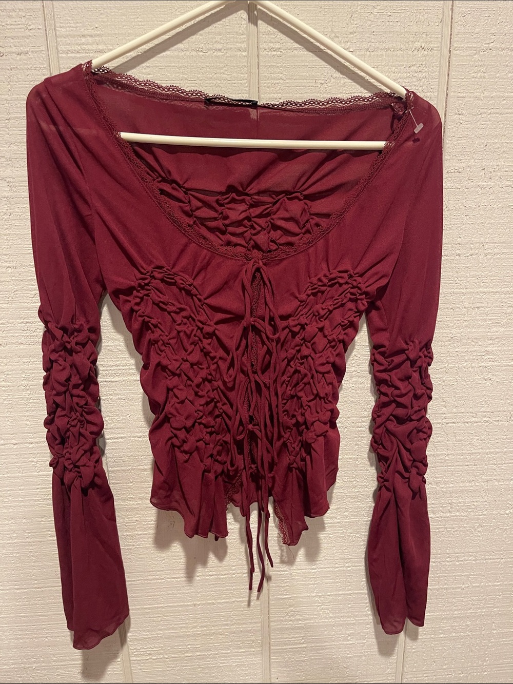 Zara Ruched Tie-Front Long Sleeve Top - Wine